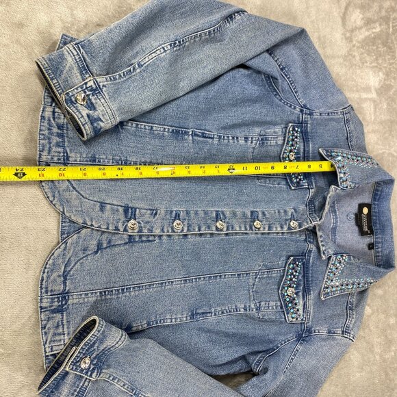 Christine Alexander Trucker Jacket Women L Blue Denim Rhinestone Mandala Crystal - Picture 6 of 16